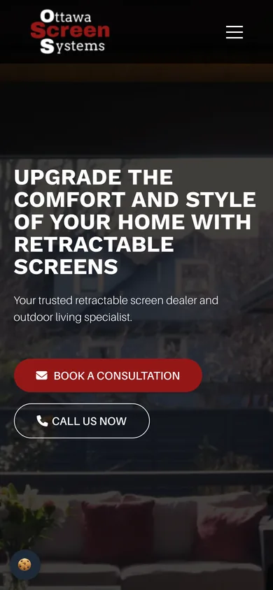 Ottawa Screen Systems homepage on a phone with the logo, a menu button, the headline and Book a Consultation and Call Us Now buttons.