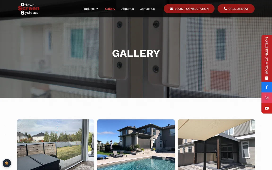 Gallery page header and the first row of photos of installed screens on homes and porches.