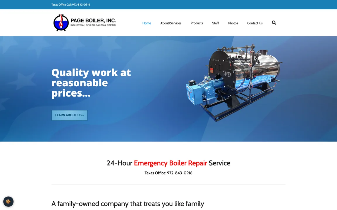 Homepage hero reading Quality work at reasonable prices, beside a photo of a polished industrial boiler, above a 24-Hour Emergency Boiler Repair Service heading.