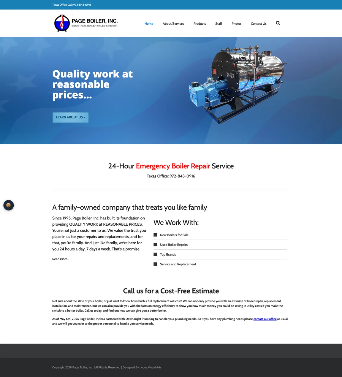 Full homepage with a blue hero, a 24-hour emergency repair heading, a family-owned company section, a We Work With list and a Call us for a Cost-Free Estimate section.