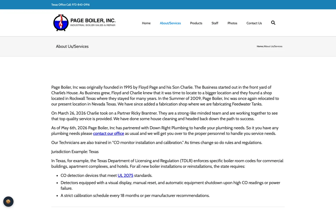 About Us/Services page with paragraphs on the company's history and a note on carbon monoxide detector rules in Texas.