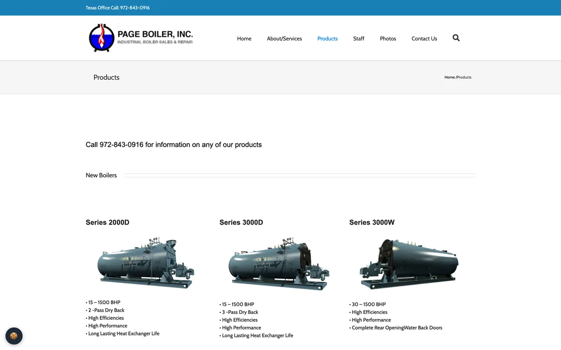 Products page with three new boiler series, 2000D, 3000D and 3000W, each with a boiler image and a short spec list.