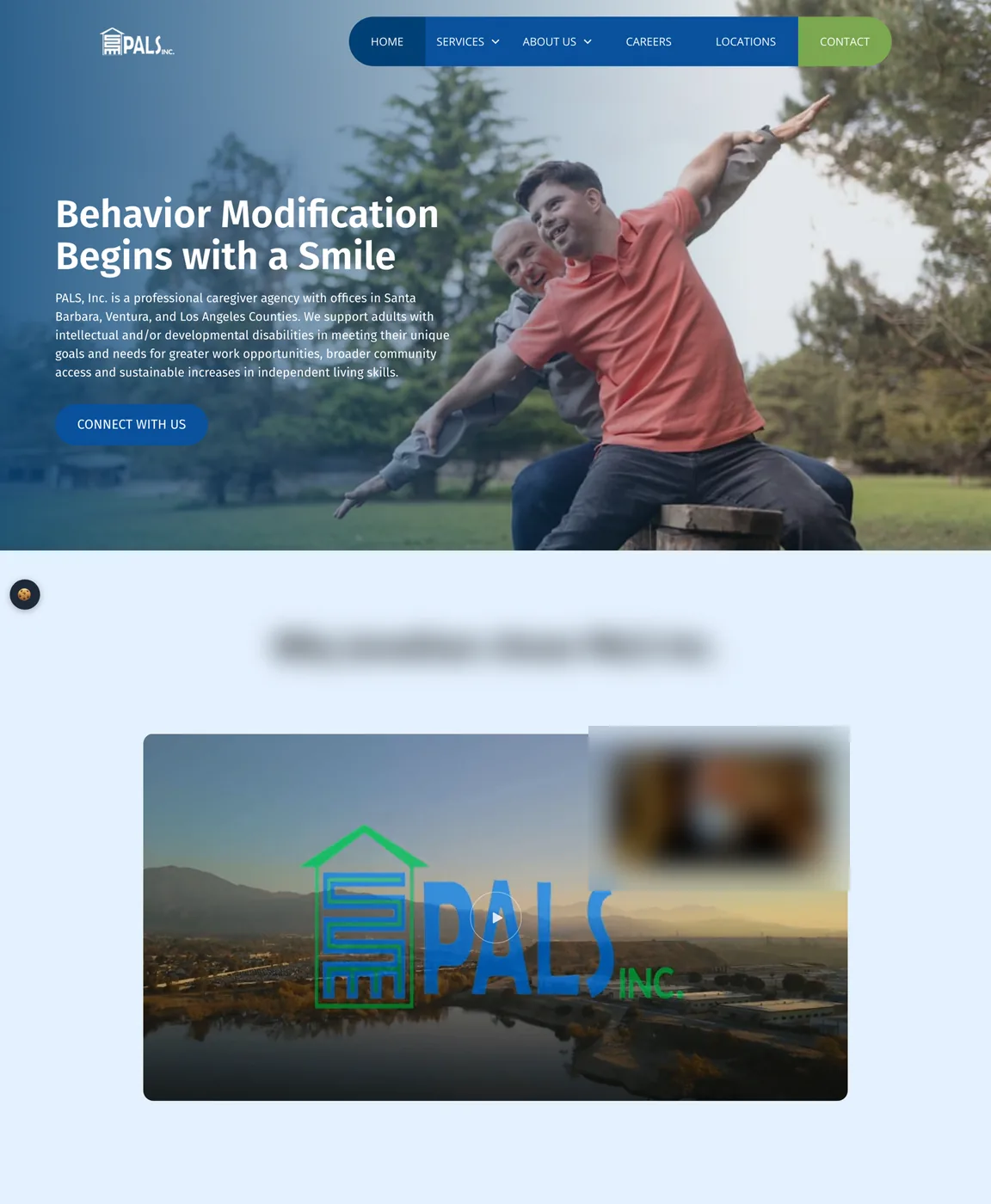 The whole PALS homepage, from the hero through a video carousel, the four services, the FAQ and the staff stories. A story video, a logo strip and a named quote are blurred here.