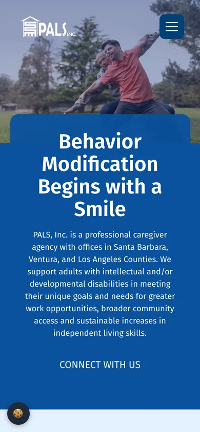 PALS homepage on a 390-pixel-wide phone screen, with the headline and agency description in a blue panel.