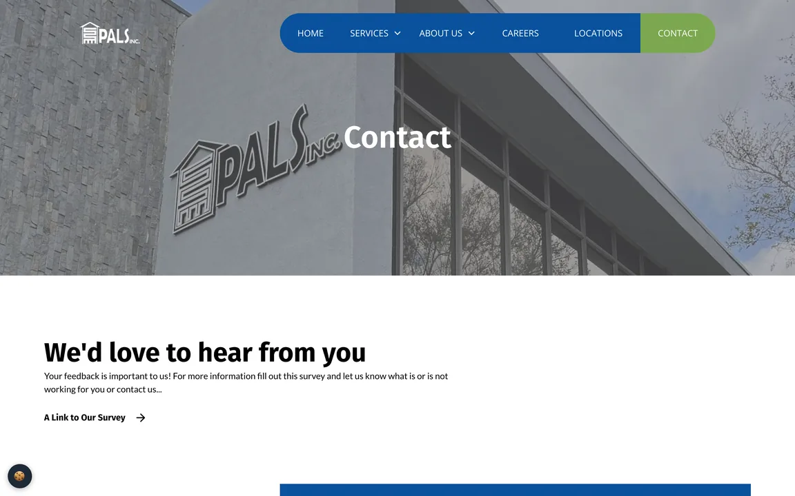 PALS contact page with the company sign on its building, the heading 'We'd love to hear from you' and a survey link.