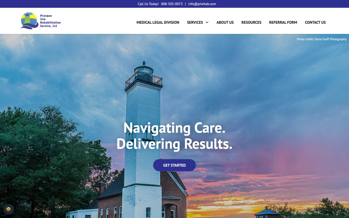 Presque Isle Rehabilitation Service homepage with the headline Navigating Care. Delivering Results. over a photo of a lighthouse at sunset, a Get Started button, and a top bar with the phone number and email.