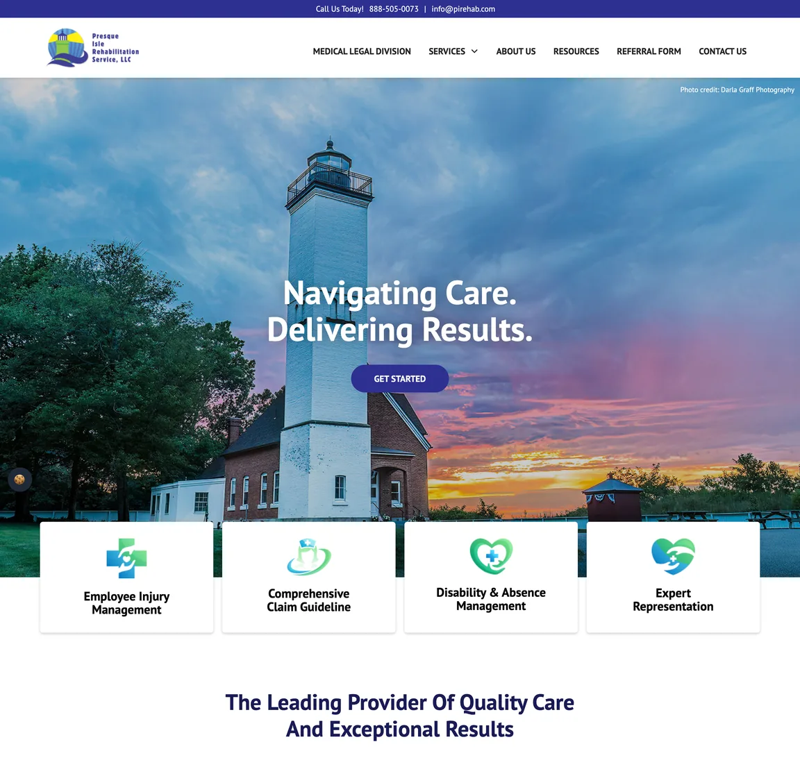 Full-length Presque Isle Rehabilitation Service homepage: the hero, four service highlight cards, an introduction, case management solutions, three service cards, news cards, a referral call to action and the footer.
