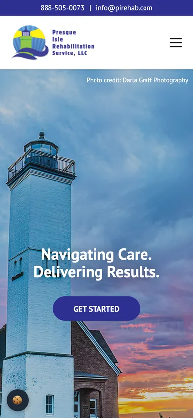 Mobile view of the Presque Isle Rehabilitation Service homepage with the phone and email bar, logo, menu button, lighthouse photo and Get Started button.
