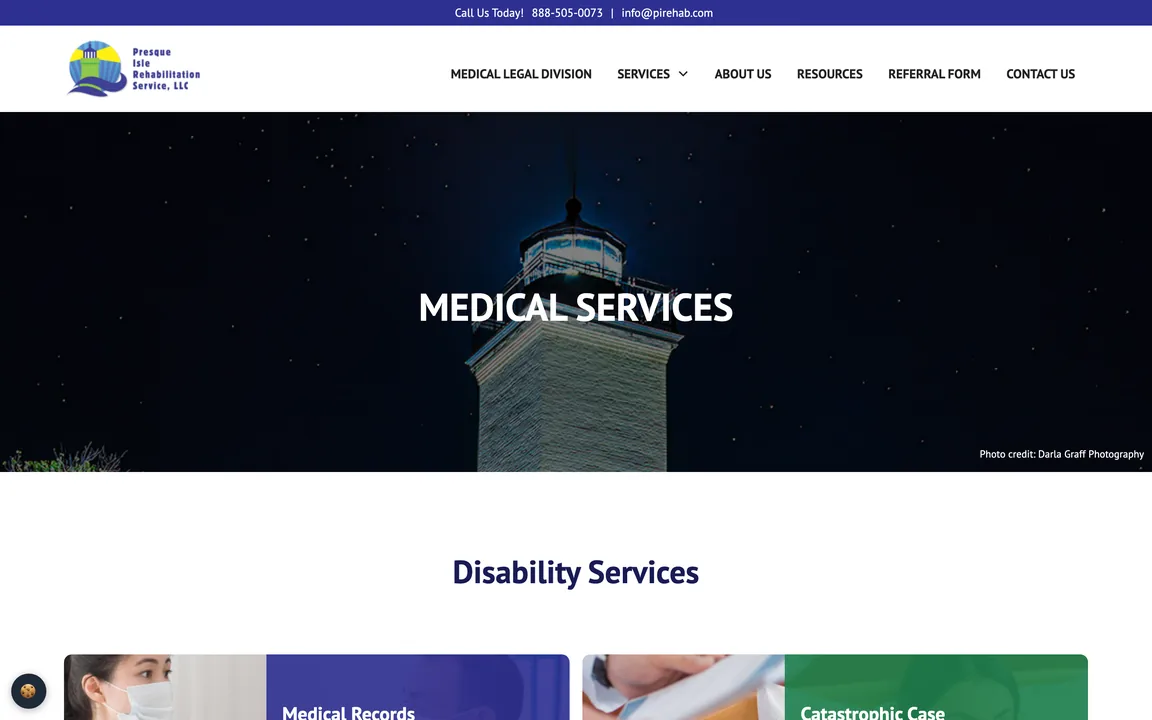 Medical Services page with a night photo of a lighthouse and the heading Disability Services above service cards.