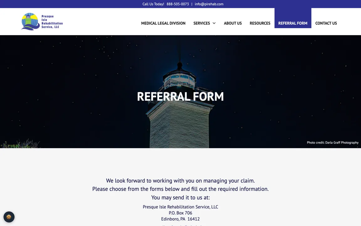 Referral Form page with the lighthouse banner and instructions to choose a form and send it by mail or email.