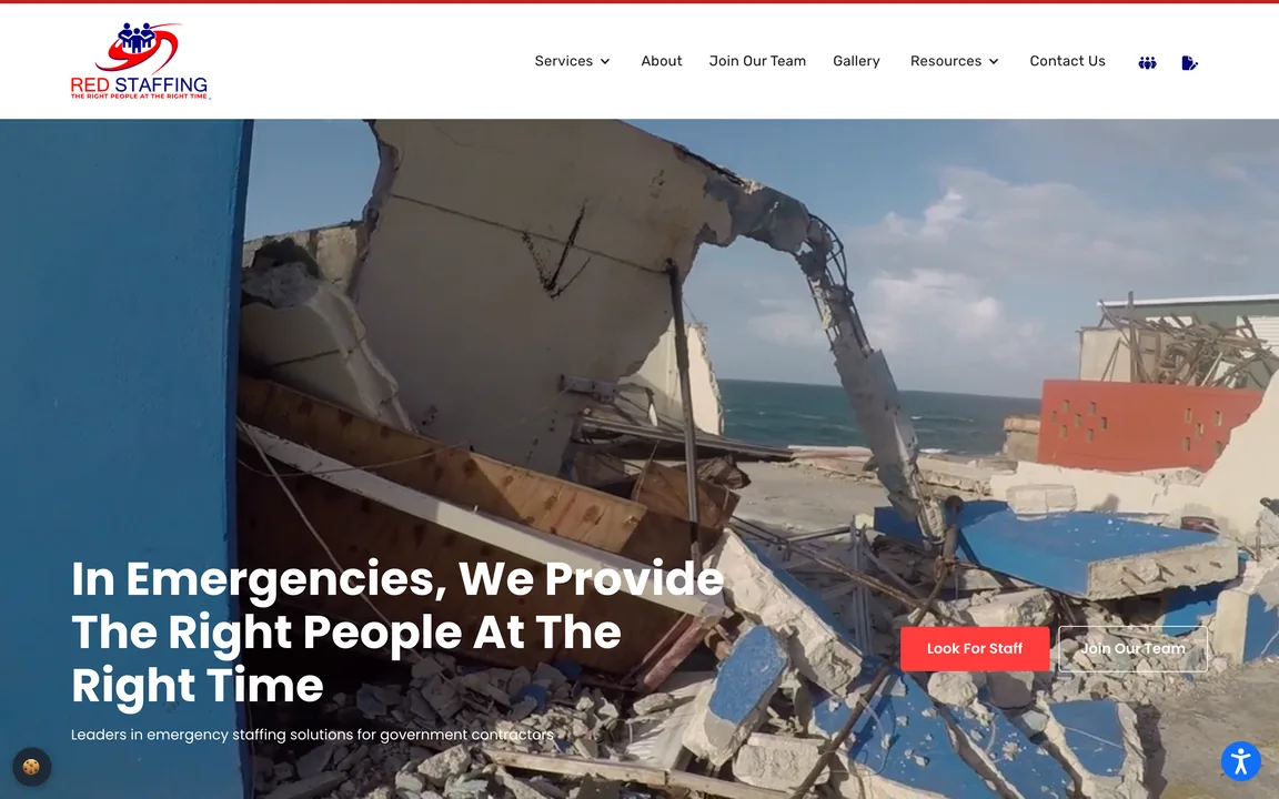 RED Staffing homepage with the headline "In Emergencies, We Provide The Right People At The Right Time" over a storm-damage photo, with Look For Staff and Join Our Team buttons