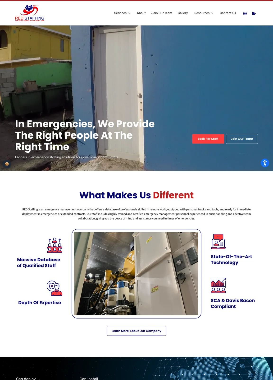 Full RED Staffing homepage: what makes the company different, deployment figures, services, certifications, a Google reviews section blurred here, and news.