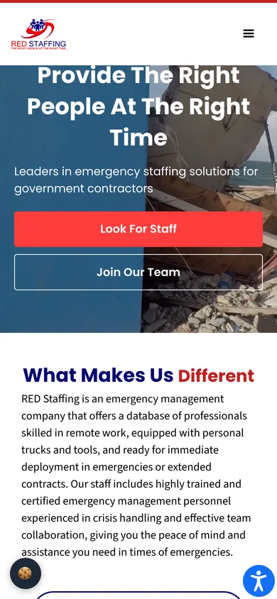 RED Staffing homepage on a phone; the headline starts under the header, followed by Look For Staff and Join Our Team buttons
