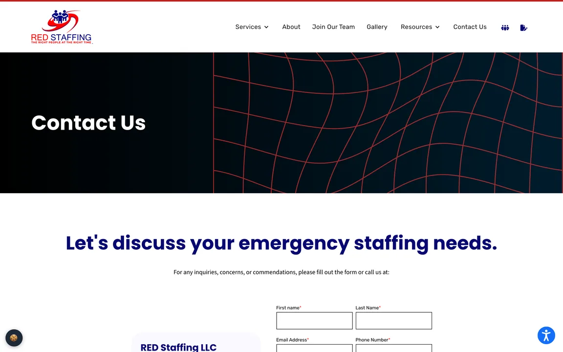 RED Staffing contact page headed "Let's discuss your emergency staffing needs" with a contact form