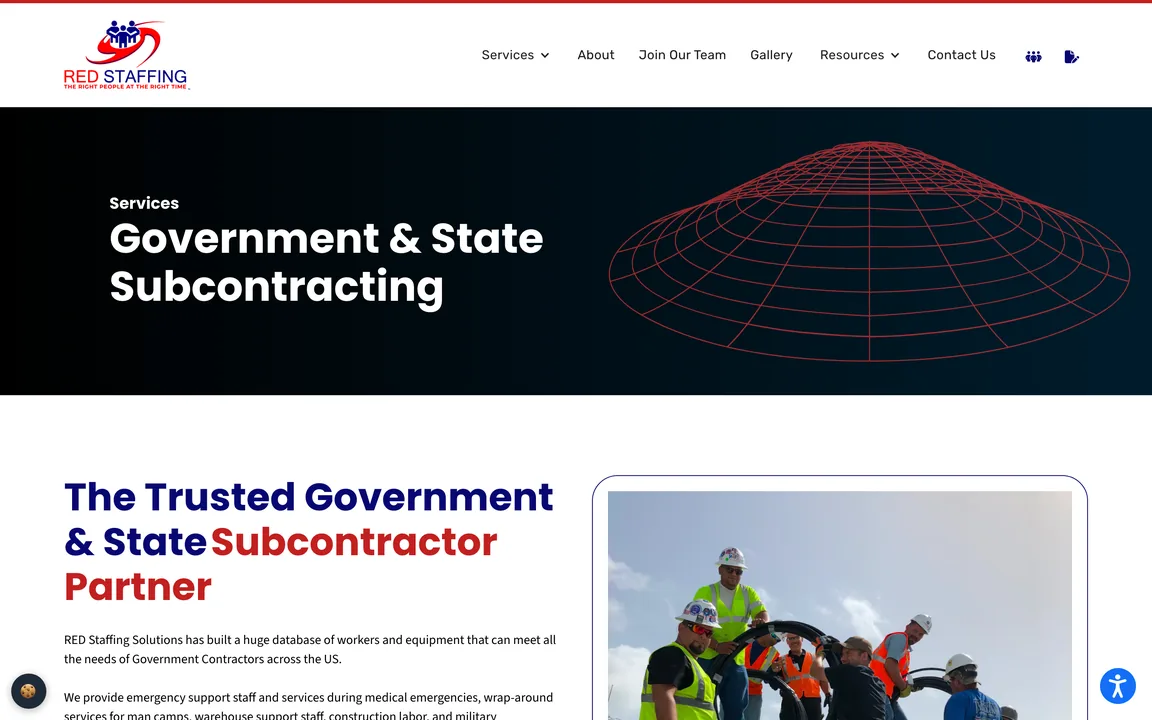 RED Staffing Government & State Subcontracting page headed "The Trusted Government & State Subcontractor Partner"