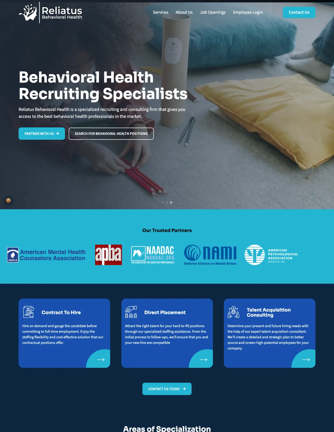 The Reliatus homepage from top to bottom: hero, partner logos, three service cards, areas of specialization and the footer.