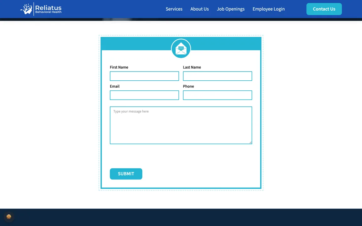 Contact form with first name, last name, email, phone and message fields and a Submit button.