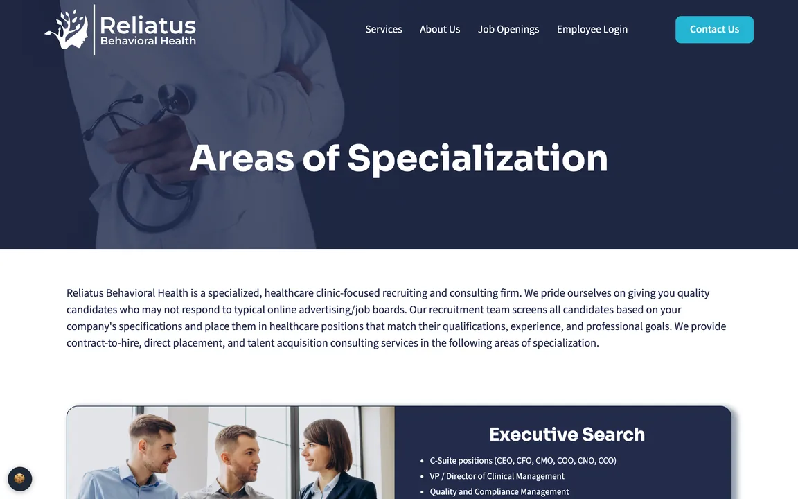 Areas of Specialization page with the firm description and the start of the Executive Search list.