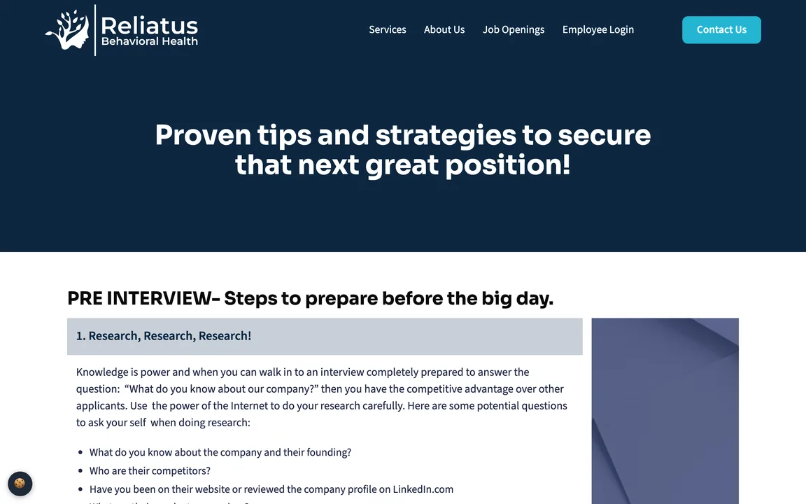 Tips page titled Proven tips and strategies to secure that next great position!, with pre-interview steps.