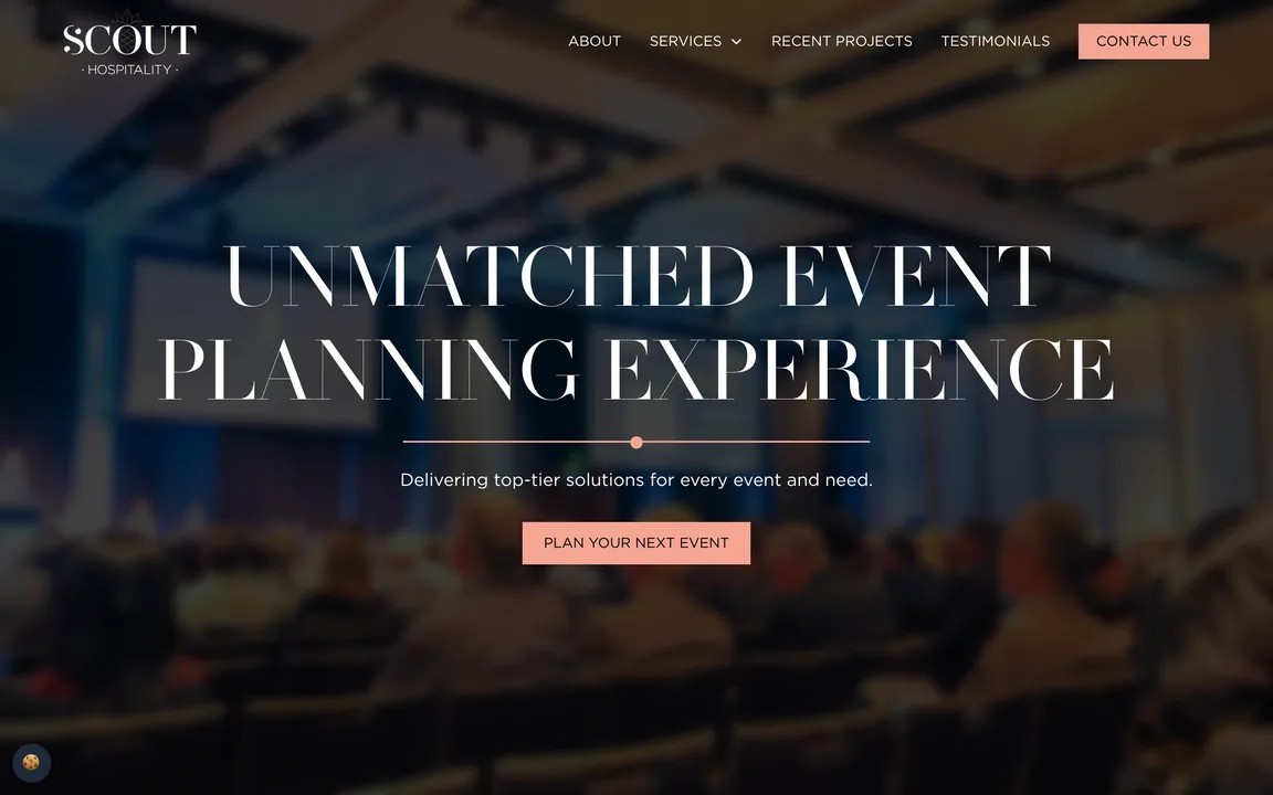 Scout Hospitality homepage with the headline 'Unmatched Event Planning Experience' over a blurred conference audience, and a 'Plan Your Next Event' button.