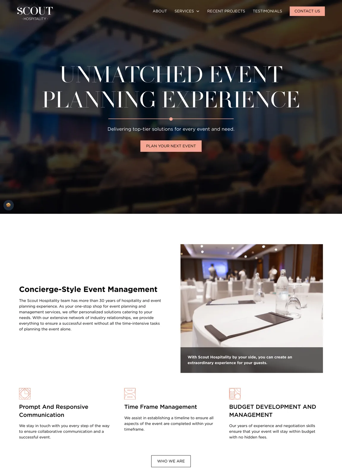 The whole Scout Hospitality homepage, from the hero through services, client logos, recent projects, testimonials with their quotes blurred here, and FAQ.