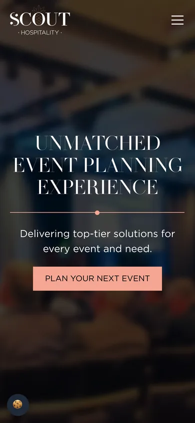 Scout Hospitality homepage on a 390-pixel-wide phone screen, with the headline and the 'Plan Your Next Event' button.