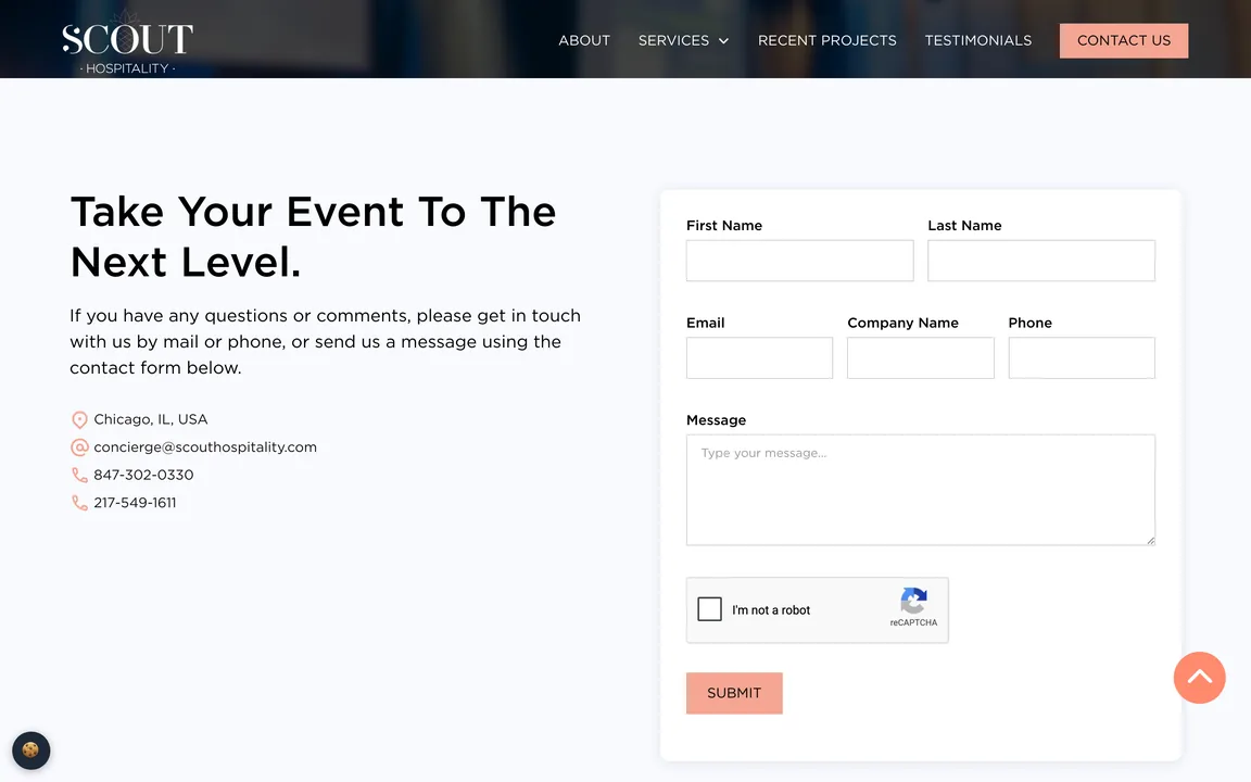 Contact page with the Chicago location, email and phone numbers beside a contact form with a reCAPTCHA check box.