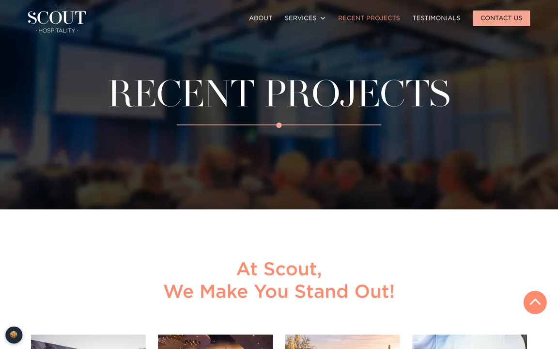 Recent Projects page headed 'At Scout, We Make You Stand Out!' above a grid of project photos.