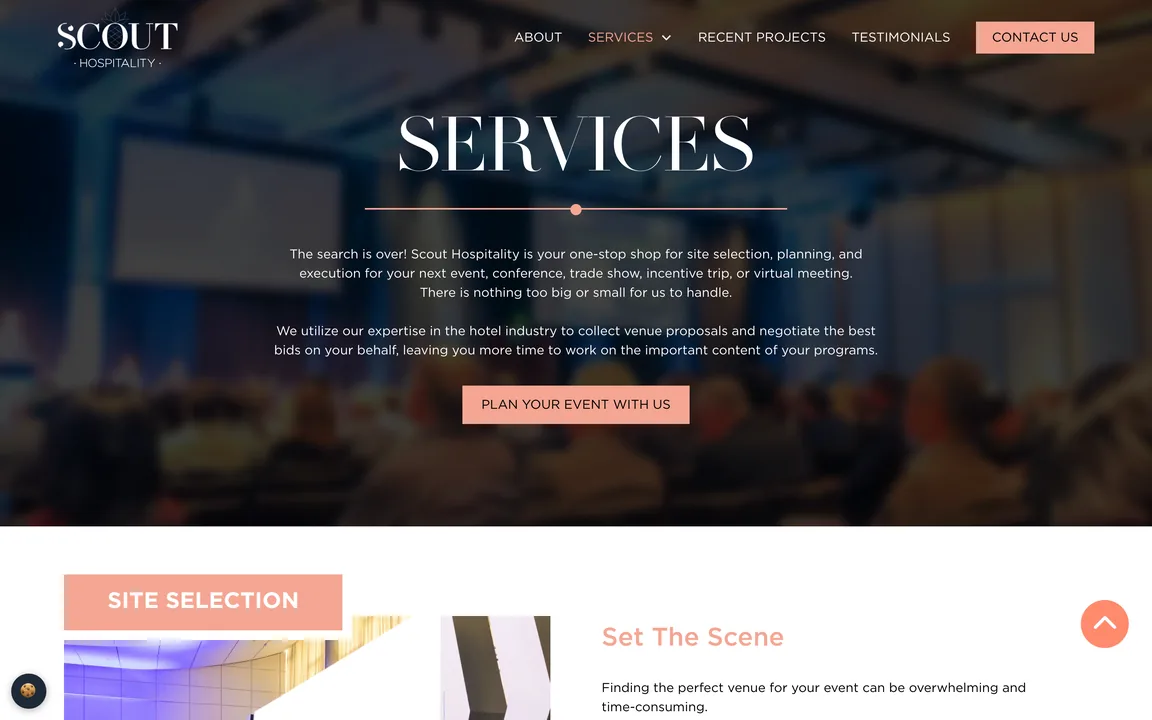 Services page describing Scout Hospitality as a one-stop shop for site selection, planning and execution, with a 'Plan Your Event With Us' button.