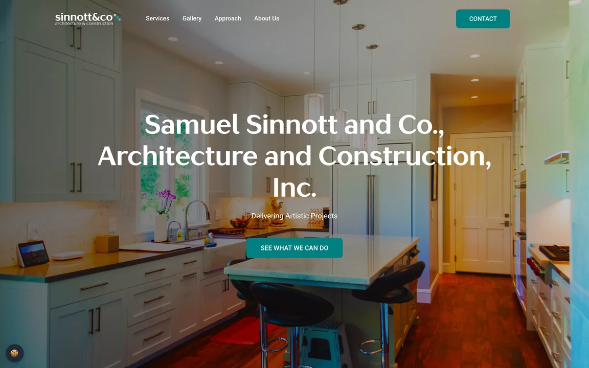 Sinnott & Co. homepage with the headline Samuel Sinnott and Co., Architecture and Construction, Inc. over a photo of a remodeled kitchen, and a See What We Can Do button.
