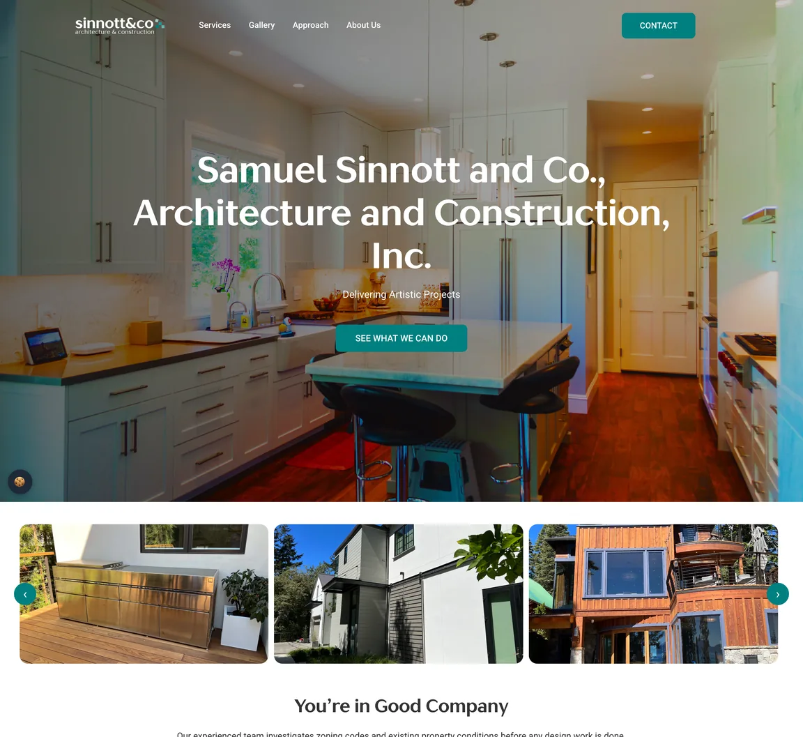 Full-length Sinnott & Co. homepage: the hero, a project photo carousel, You're in Good Company with three highlights, an Awards and Affiliations logo row, Design, Residential and Commercial service sections with large project photos, and the footer.