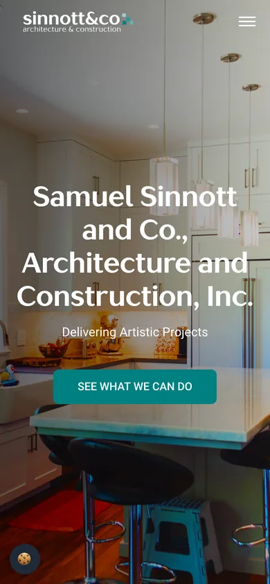 Mobile view of the Sinnott & Co. homepage with the logo, menu button, kitchen photo, headline and See What We Can Do button.