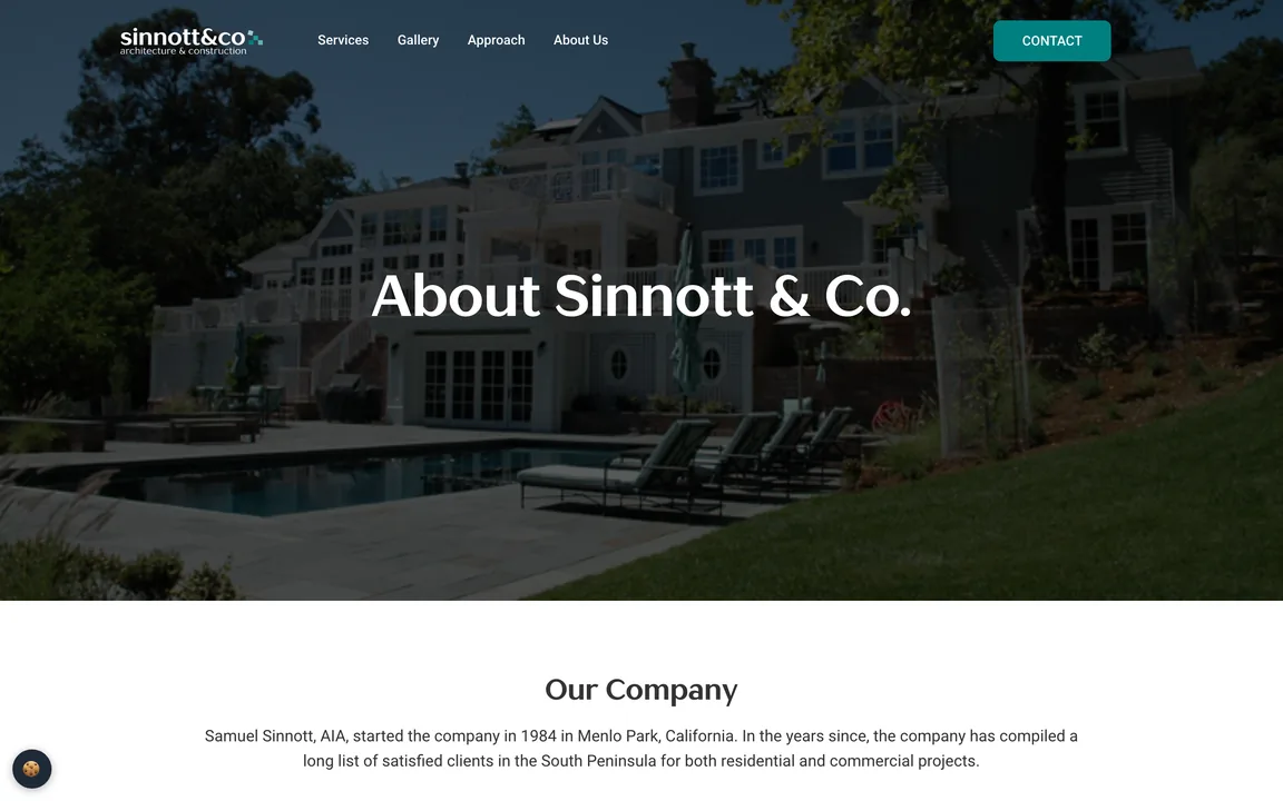 About Sinnott & Co. page with a photo of a large house and pool and the start of the Our Company section.