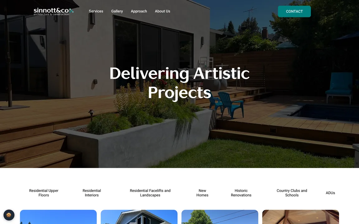 Gallery page with the headline Delivering Artistic Projects over a photo of a backyard deck and pool, and the seven gallery category names below.