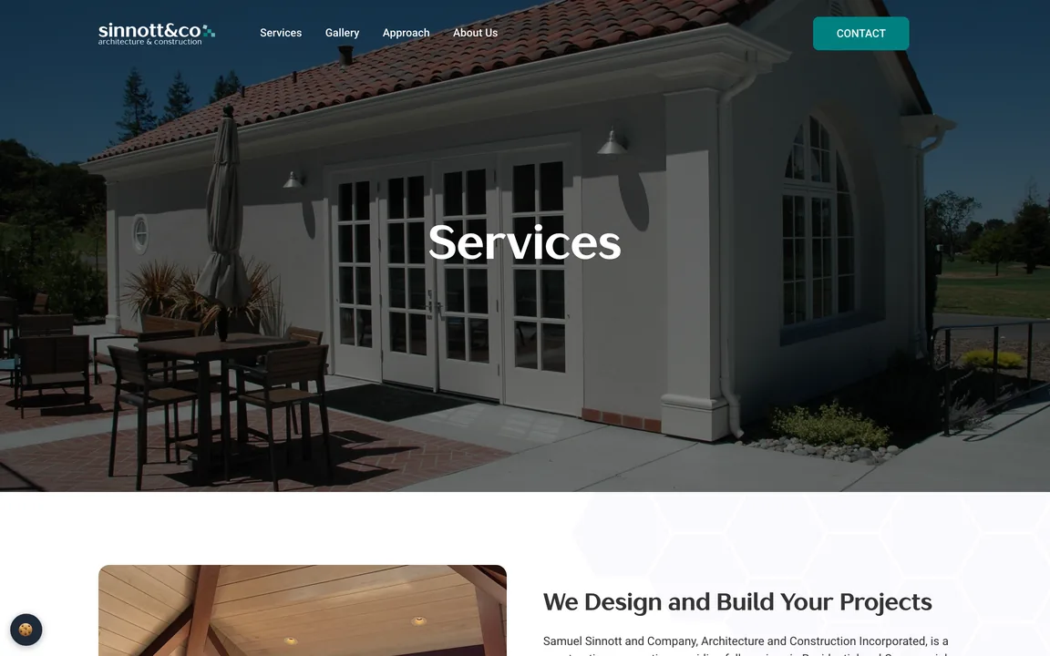 Services page with a photo of a tile-roofed building with French doors and the start of the section We Design and Build Your Projects.