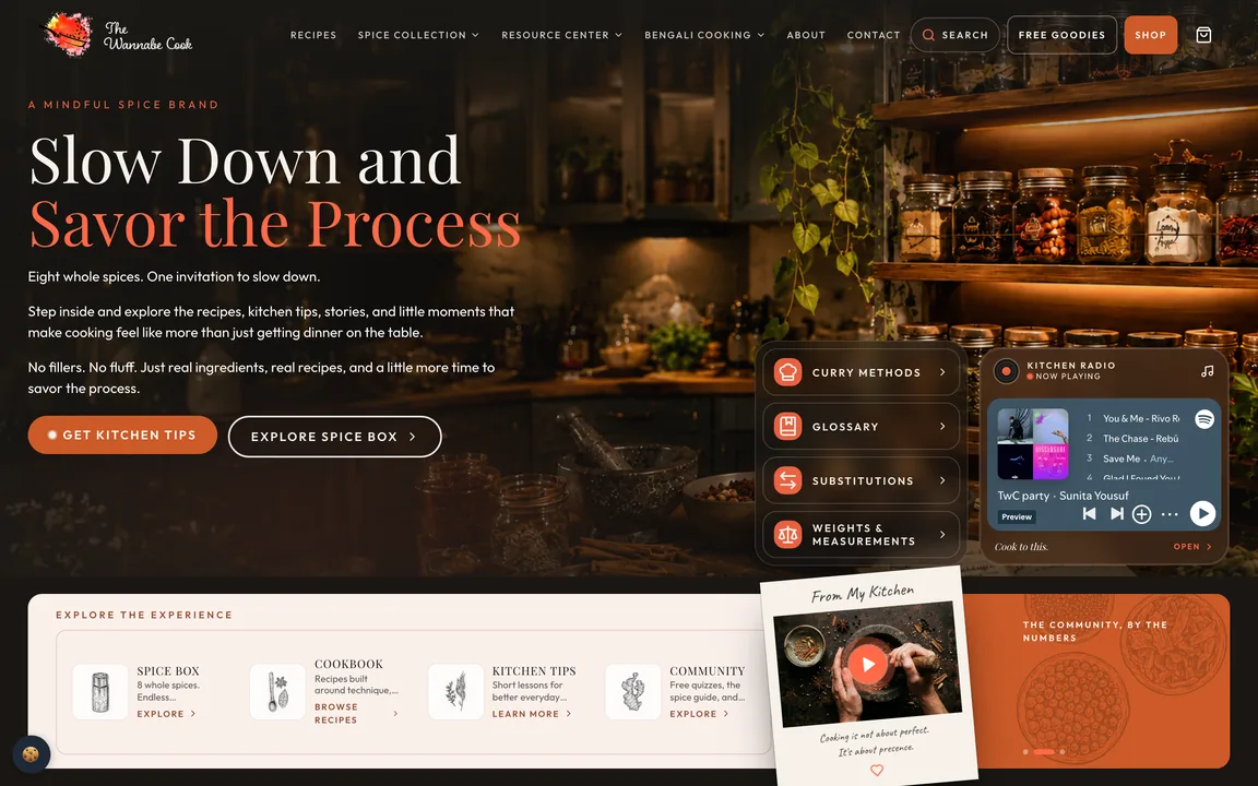 The Wannabe Cook homepage: the headline Slow Down and Savor the Process over a photo of spice jars, quick links to curry methods, glossary, substitutions and measurements, and a Kitchen Radio playlist.