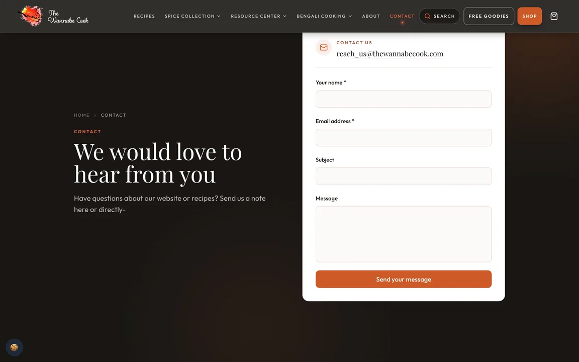 Contact page titled We would love to hear from you, with a form for name, email, subject and message.