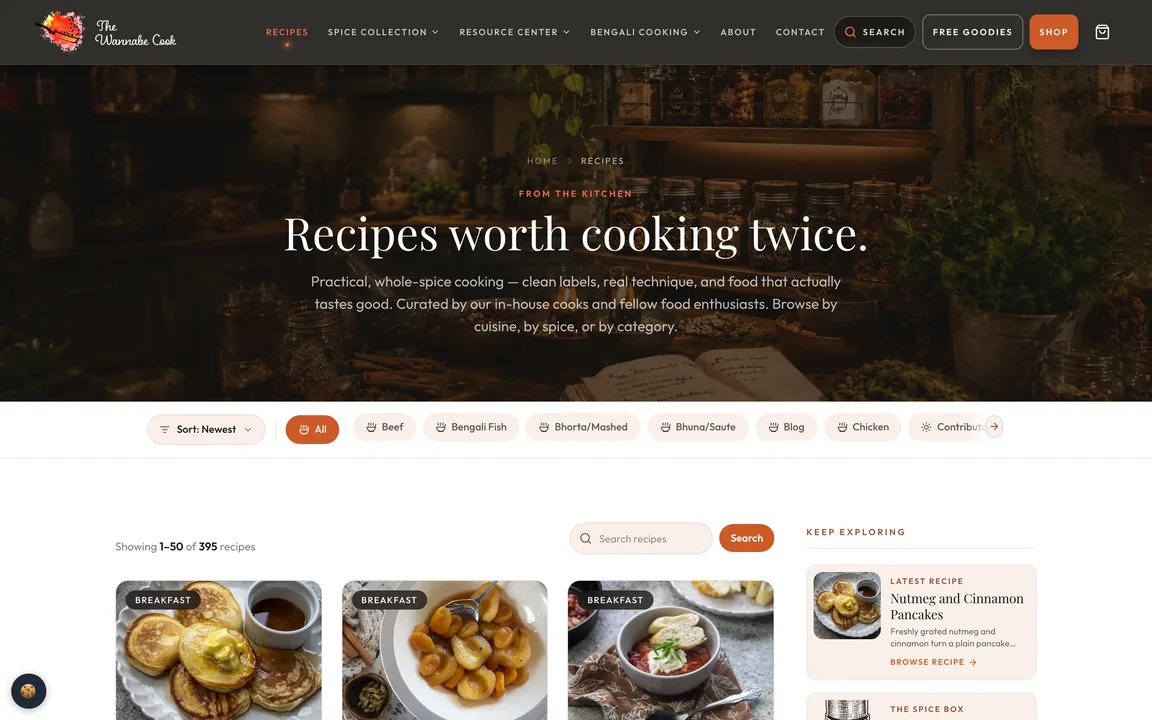 Recipes page titled Recipes worth cooking twice, with a sort menu, category filters, a search box and the first recipe cards.