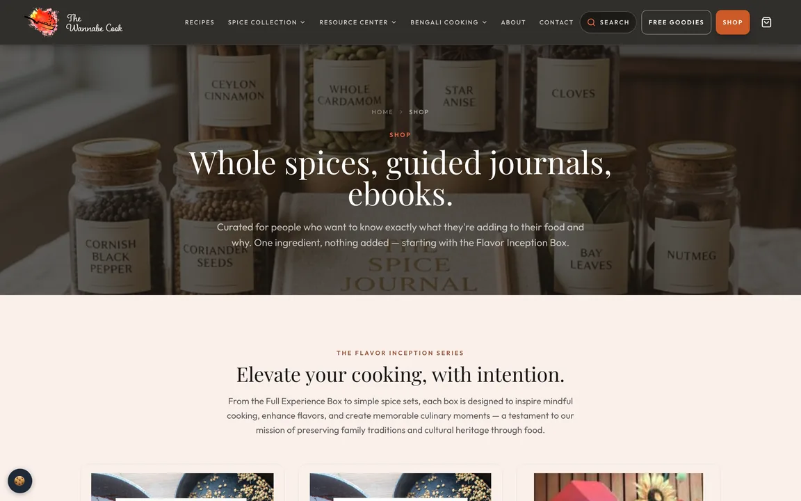 Shop page titled Whole spices, guided journals, ebooks over a photo of labelled spice jars.