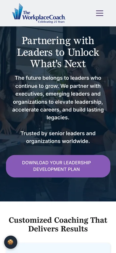 Mobile view with The Workplace Coach logo, a menu button, the Partnering with Leaders headline and a Download Your Leadership Development Plan button.