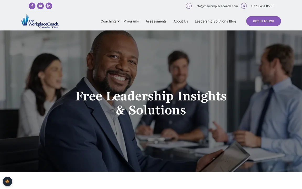 Blog page headed Free Leadership Insights and Solutions over a photo of a smiling man in a meeting.