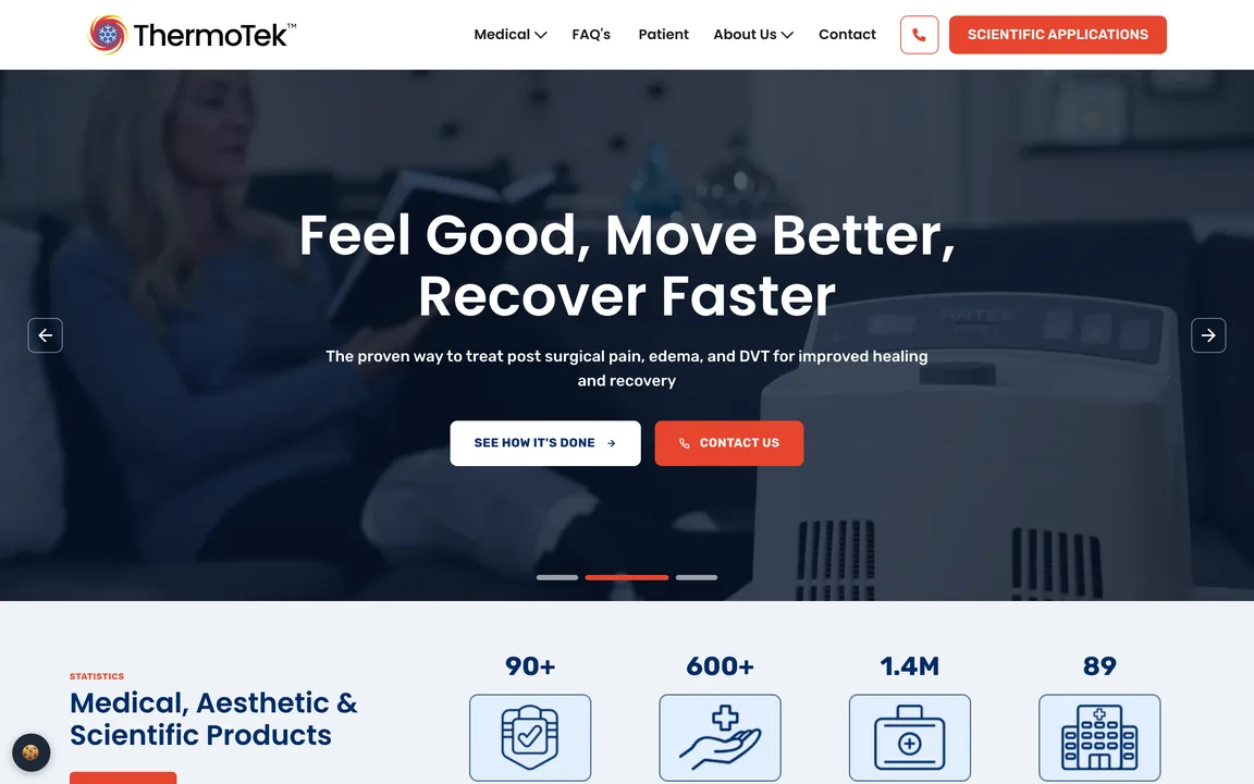 ThermoTek homepage with the headline "Feel Good, Move Better, Recover Faster" beside a therapy device, with See How It's Done and Contact Us buttons