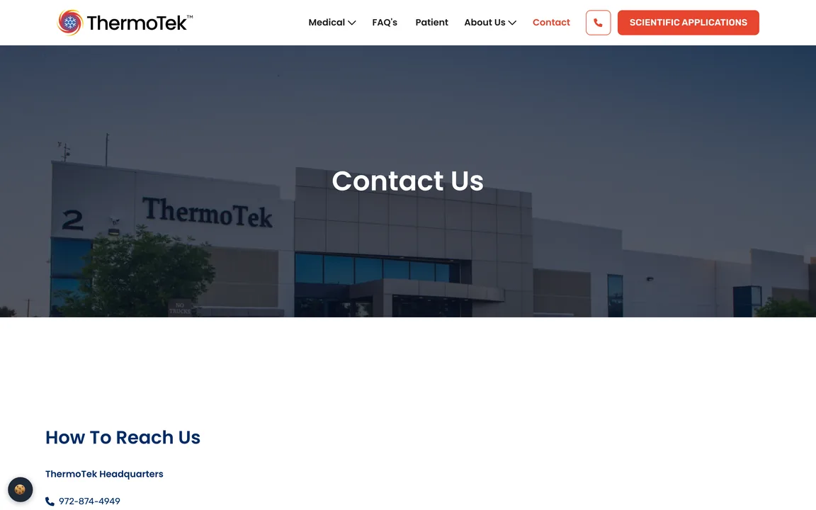 ThermoTek contact page with headquarters details