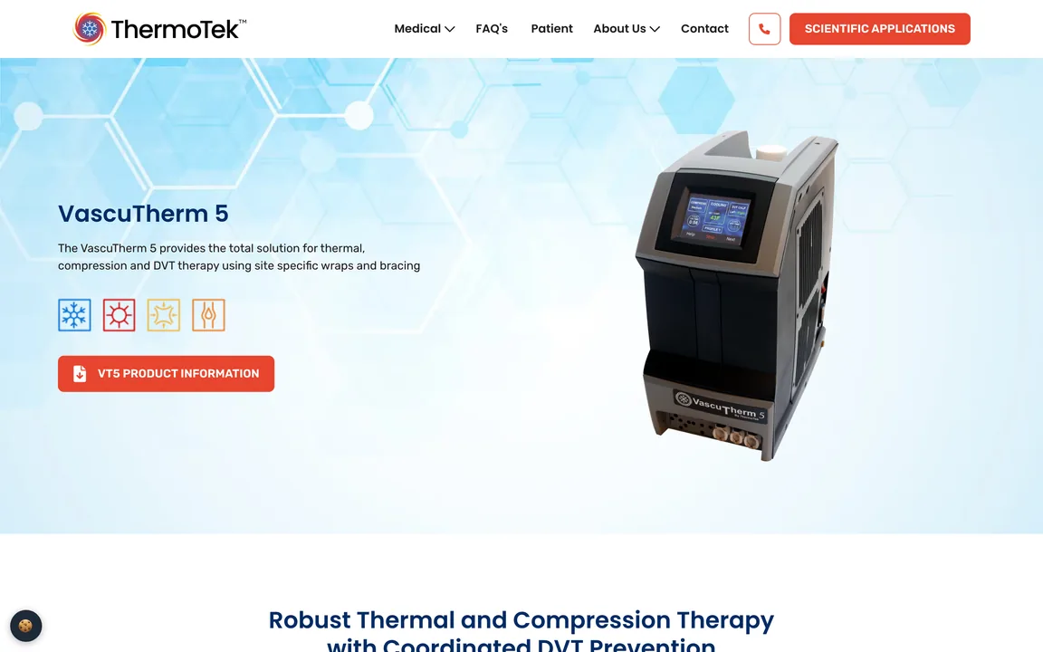 ThermoTek VascuTherm 5 product page with a photo of the device and a product information button