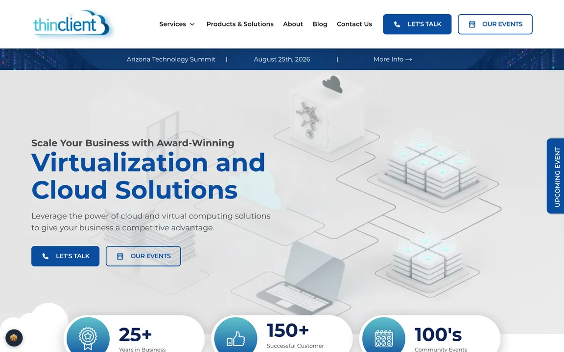 Thin Client Computing homepage with the headline 'Virtualization and Cloud Solutions', 'Let's Talk' and 'Our Events' buttons, and an event banner.