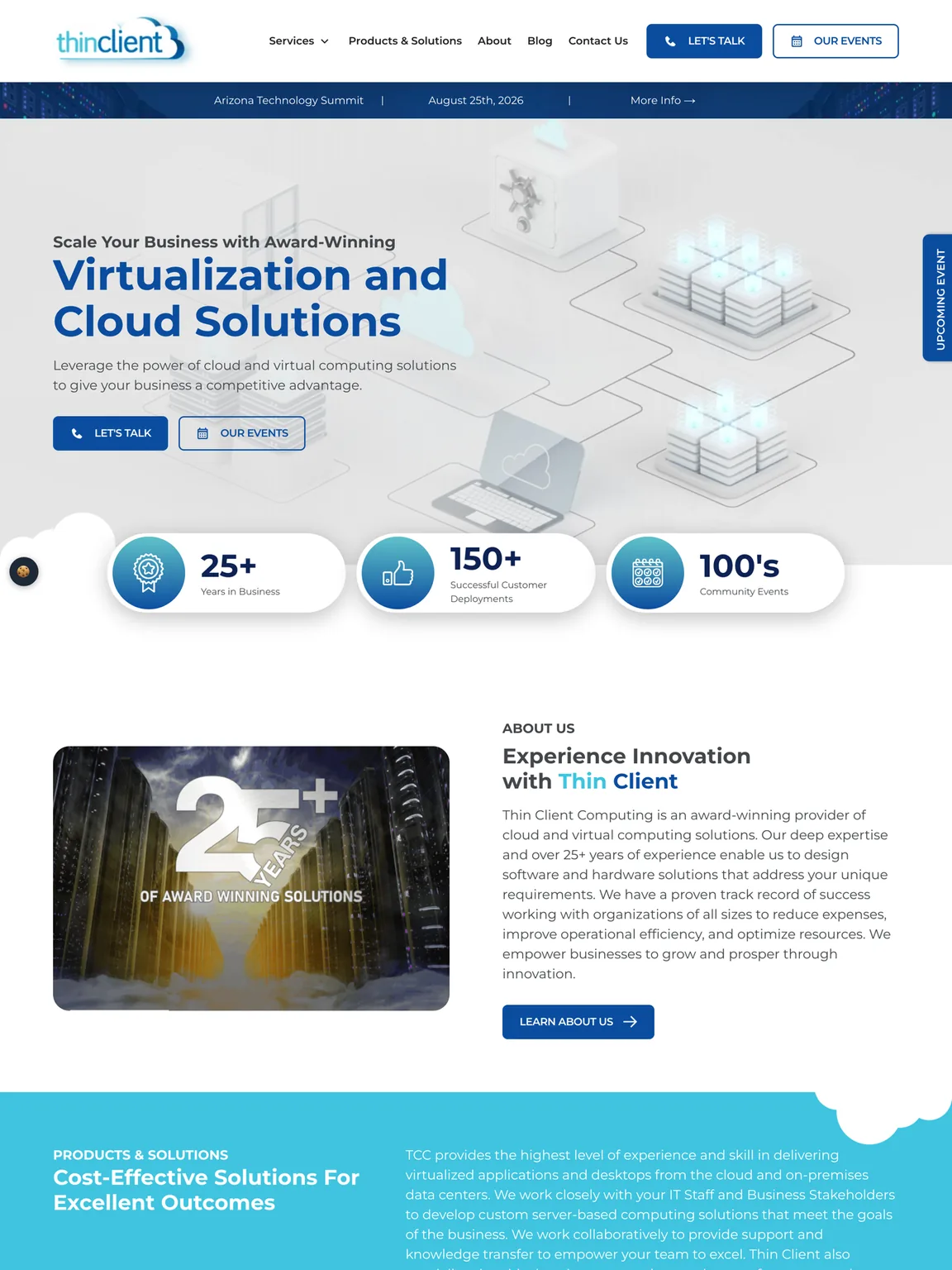 The whole Thin Client Computing homepage, from the hero through capabilities, partners, events and testimonials, blurred here.