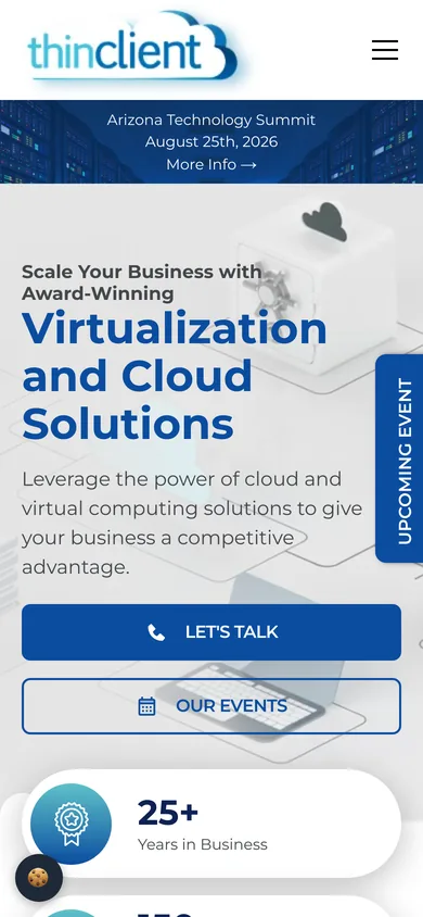 Thin Client Computing homepage on a 390-pixel-wide phone screen, with stacked 'Let's Talk' and 'Our Events' buttons.