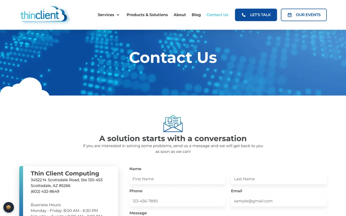 Contact page with the Scottsdale office address, business hours and the contact form.