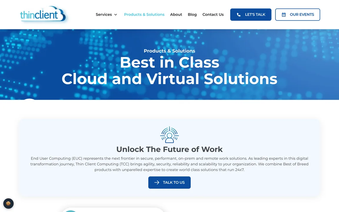 Products & Solutions page headed 'Best in Class Cloud and Virtual Solutions' with a 'Talk to us' button.