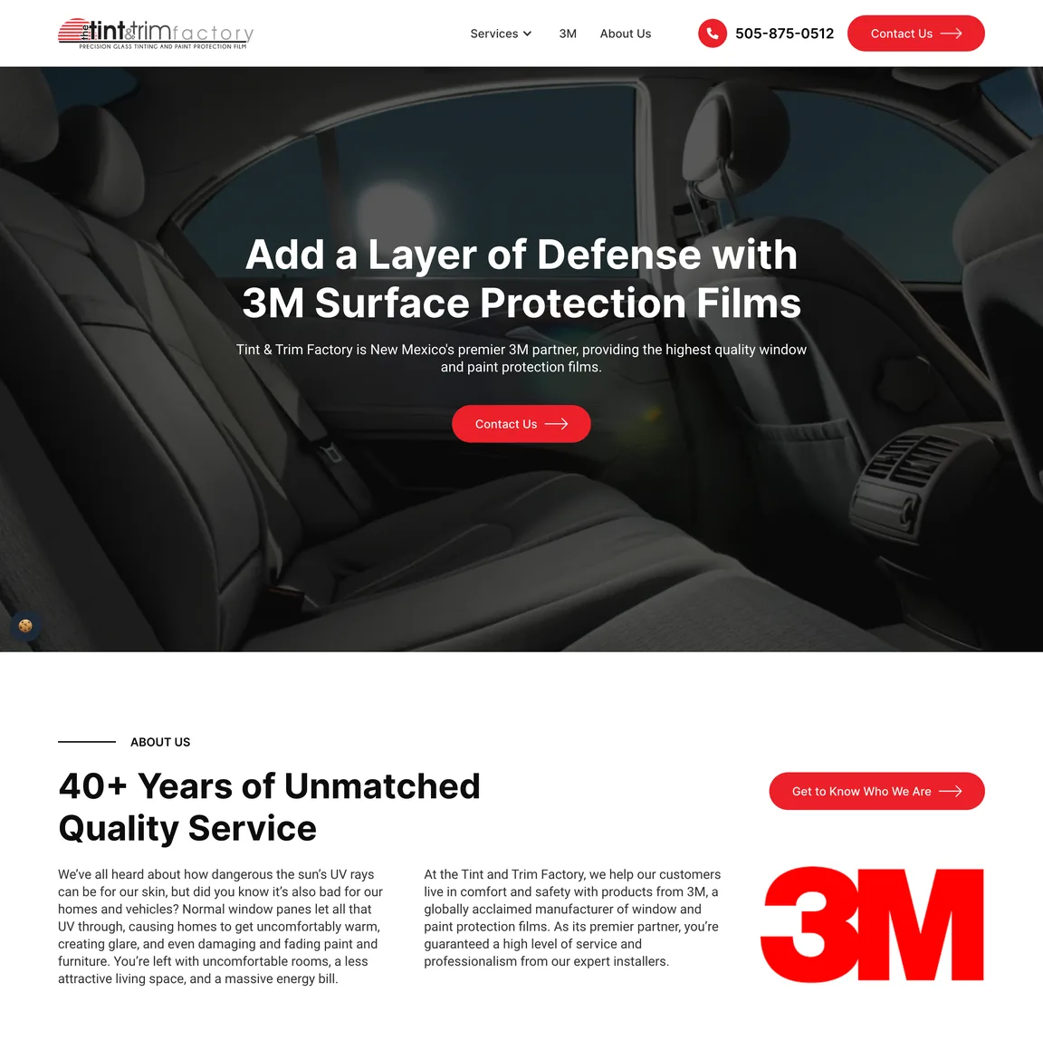 Full-length The Tint & Trim Factory homepage: the hero, an About Us section with the 3M logo, a services slider, Google reviews blurred here, a newsletter sign-up and the footer.